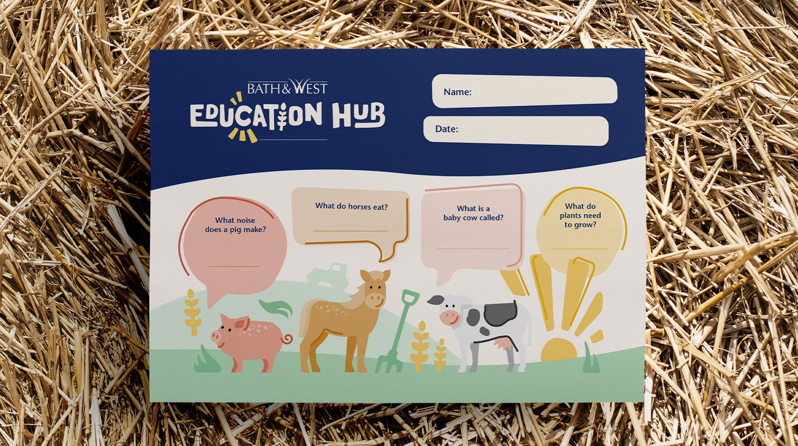 Visual of an Education Hub worksheet for children to fill in. Features playful illustrations of farm animals. Set against a background of hay.